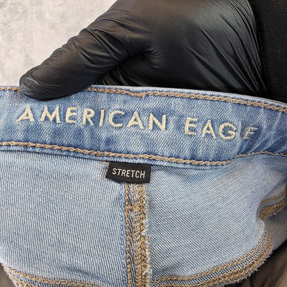 American Eagle Jeans Womens 16 Light Wash Distressed Flare Raw Hem Stretch Rips - Picture 9 of 12